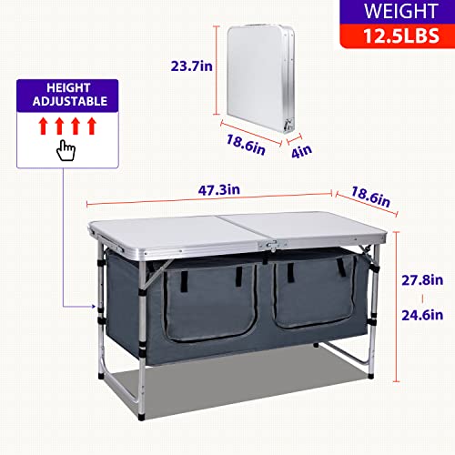 Nice C Camping Table, Folding Table Height Adjustable, Camp Storage Kitchen Table, Lightweight Aluminum, with Carry Handle for Outdoor, Beach, BBQ, Picnic, Cooking, Festival, Indoor, Office