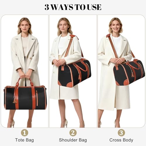 Geestock Garment Duffle Bags for Travel, Convertible Carry On Garment Bag with Shoe Pouch & Shoulder Strap, 2 in 1 Foldable PU Leather Suit Travel Bag for Women & Men, Black - color: Black and Brown