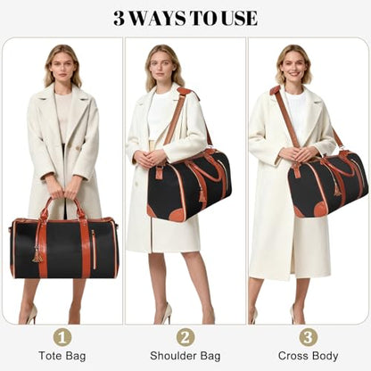 Geestock Garment Duffle Bags for Travel, Convertible Carry On Garment Bag with Shoe Pouch & Shoulder Strap, 2 in 1 Foldable PU Leather Suit Travel Bag for Women & Men, Black - color: Black and Brown