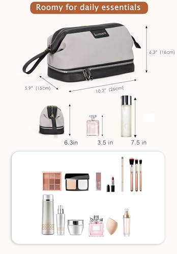 Double-Layer Toiletry Bag, Water-Resistant Hybrid Leather Cosmetic Organizer with Wet/Dry Compartments, 26x15x16cm (Gray, Double layer) - color: Gray