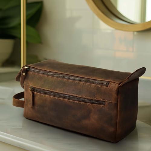 LEATHER VILLAGE Genuine Leather Travel Toiletry Bag - Water-Resistant Dopp Kit for Toiletries, Large Shaving Bag & Bathroom Organizer - Gift for Men & Women - Rustic Brown - color: Rustic Brown
