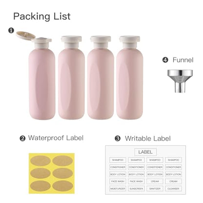 Empty Shampoo Bottles 6.7oz - Large Size Refillable Plastic Liquids Toiletry Containers - Empty Leak Proof Lotion Toiletries Dispenser - Pink Flip Cap Top Body Wash and Cosmetic Set 4 Pack - color: Pink