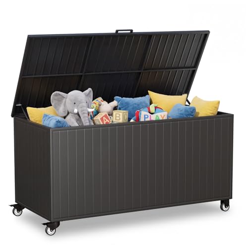 Outdoor Storage Box with Wheels 250 Gallon, Metal Deck Boxes Waterproof, UV Resistant Patio Storage Box with Lid for Patio Furniture, Garden Tools,Outdoor Cushion (Black) - color: Black, size: 250 Gallon