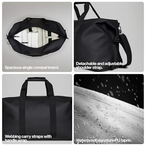 RAINS Hilo Weekend Bag Small - Black Waterproof Travel Duffel for Men and Women, Gym Carry On With Coated Zip, Shoulder & Compression Straps