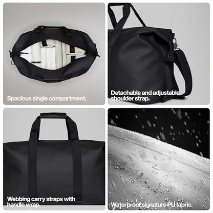 RAINS Hilo Weekend Bag Small - Black Waterproof Travel Duffel for Men and Women, Gym Carry On With Coated Zip, Shoulder & Compression Straps