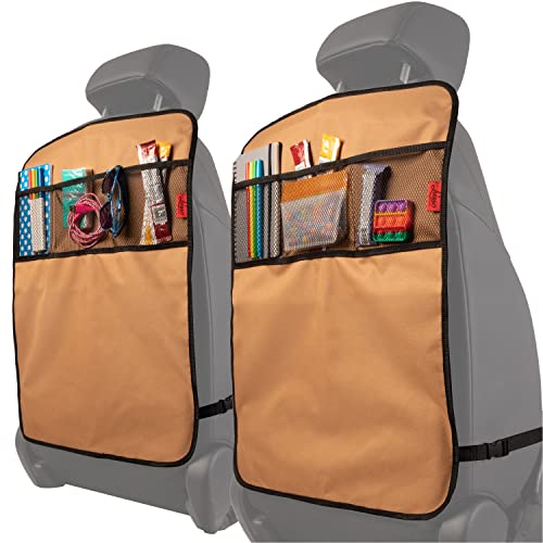 Lusso Gear Heavy Duty Kick Mats (2 Pk) - Back Seat Protector, Sag Proof, Waterproof, Car Back Seat Cover for Kids Who Make Big Messes, 3 Reinforced Storage Pockets, Premium Oxford Fabric (Tan) - color: Tan, size: 3 Pockets