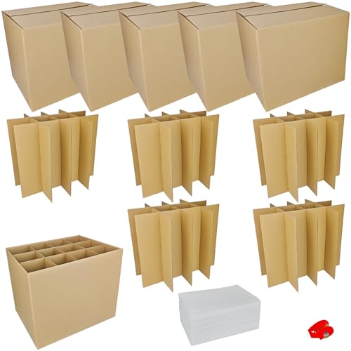 5 Sets Moving Boxes with Divider Kits,16 x 12 x 13 Inch Glassware Dish Packing Box Kitchen Moving Box Corrugate Dividers with 60 Pcs Foam Pouches,2 Pcs tape rolls with dispenser - style: 5 Sets-one layer-16x12x13in