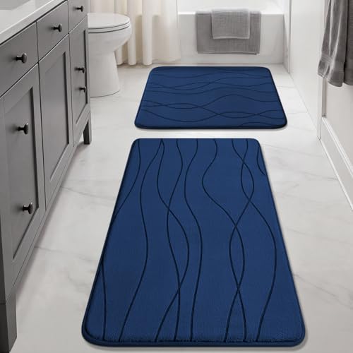 YIHOUSE Memory Foam Bathroom Rug Sets, Dark Blue, 17"x24"+20"x32", 2 Piece | Ultra Soft, Absorbent, Non-Slip, Machine Washable - color: Dark Blue, size: 17"x24"+20"x32"