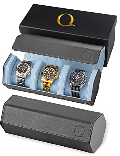 QWATCHBANDS Napa Leather Watch Rolls for Men - Hexagon Triple Watch Roll Travel Case for 3 Watches - Storage Organizer Genuine Leather with Velvet Interior Display (Gray/Blue) - color: 3 - Grey / Light Blue