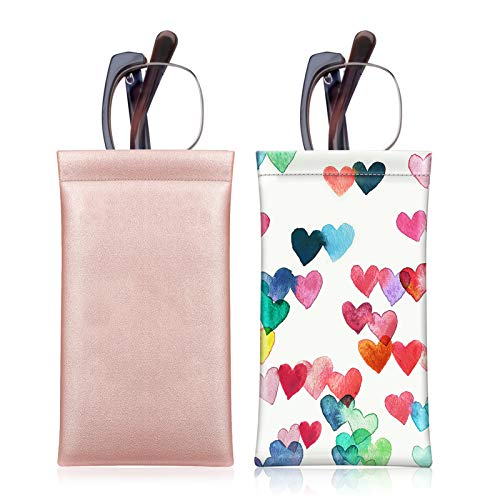 [2 Pack] Fintie Eyeglasses Pouch with Cleaning Cloth, Portable Squeeze Top Leather Glasses Case Sunglasses Bag, Rose Gold + Raining Hearts - color: Rose Gold + Raining Hearts