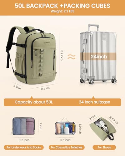 LOVEVOOK 50L Travel Backpack for Men Women, Waterproof Carry On Backpack for Work & Travel, Flight Approved Personal Item with 3 Packing Cubes,TSA Bag Fits 17.3" Laptop,Light pink - color: Light Pink, size: X-Large-50L-4Pcs