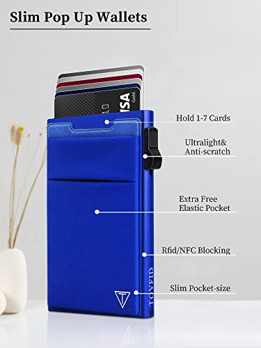 TOYFID Slim Wallet for Men - Pop Up Card Holder Wallet,Minimalist Business Wallet,Credit Card Wallet with Money Pocket,Metal Card Case Wallet,RFID Blocking,Can Hold 6 Credit Cards - color: blue B