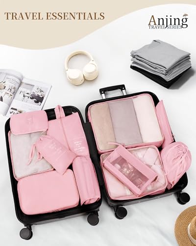 Anjing Packing Cubes for Suitcase 11PCS Luggage Packing Organizers Travel Essentials Luggage Organizer Hooked Toiletry Bag Cosmetic Bag and Shoes Bag, Pink - color: Pink-11pcs