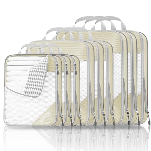 9 Set Compression Packing Cubes for Travel - Compressible, Lightweight, and Space-Saving Packing Cubes, Travel Essentials for Women, Beige - color: Beige, size: 9 pcs