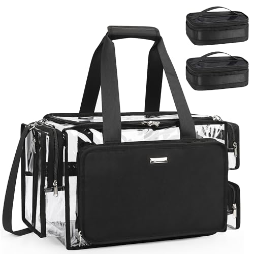 Relavel Clear Makeup Bag with 2 Small Pouches, Professional Makeup Artist Kit Set, Portable Cosmetic Storage Organizer Hair Stylist Travelling Bag with Adjustable Dividers & Shoulder Strap - color: Clear with 2 small bags