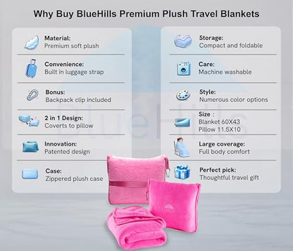 BlueHills Premium Soft Travel Blanket Pillow Airplane Blanket Packed in Soft Bag Pillowcase with Hand Luggage Belt and Backpack Clip, Compact Pack Large 2 in 1 Combo for Any Travel (Pink T004) - color: Pink-1pk-t004