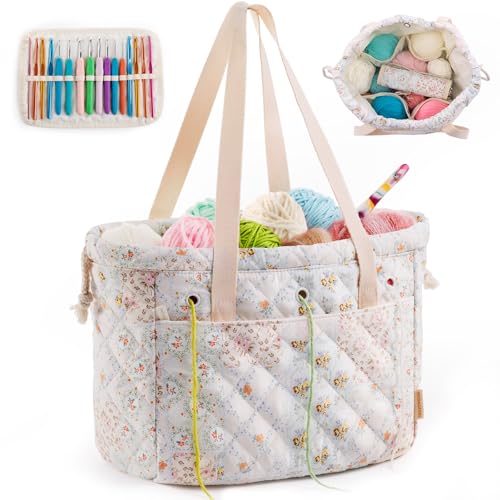 MYBAGZING Portable Crochet Bag Organizer with Crochet Hook Organizer Roll, Quilted Yarn Storage Tote with Grommets, Knitting Project Bag for Yarn & Accessories, Floral Craft Tote Gift for Crocheters - color: Patchwork