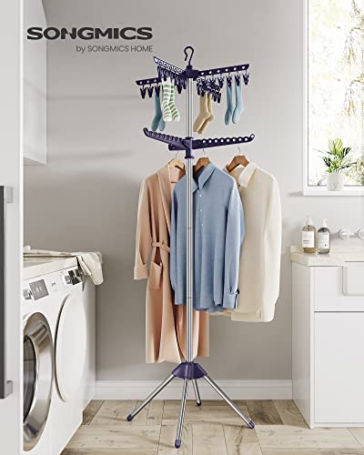 SONGMICS 2-Tier Clothes Drying Rack, 72-Inch Folding Laundry Drying Rack with 3 Rotatable Arms for Hangers, 24 Clips, Stainless Steel, for 27 Pieces of Clothes, Blue and Silver ULLR512Q01 - color: Blue + Silver, style: 2-Tier-Clip