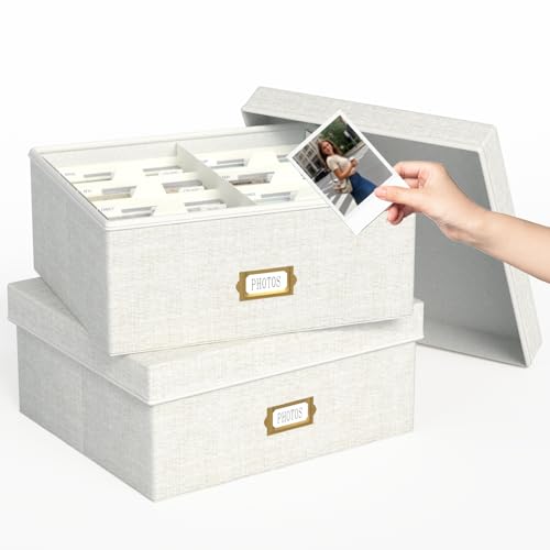 Decorative Photo Storage Box - 2 Pack Linen Photo Box Organizer with Dividers, Fits Holds Up to 1700 Pictures and 4x6 Photos, Memory Keepsake Organizer for Scrapbook Supplies, Cards, Stamps (Beige) - color: Beige, size: 4x6 (2 Pack)