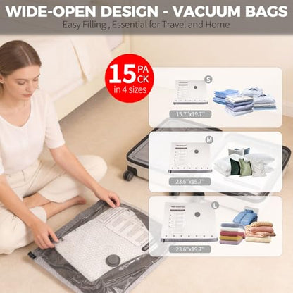 15 Pack Vacuum Seal Bags for Clothing Travel (3L+3M+3S) Vacuum Storage Bags with Electric Pump, Space Saver Vacuum Bags for Clothes, Blankets, Bedding - size: 15 combo bags + Electric Pump