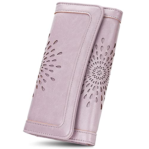 APHISON Womens Wallets RFID Blocking Leather Clutch Long Wallet for Women Card Holder Phone Organizer Ladies Travel Purse Hollow Out Sunflower Design Gift - color: D-purple