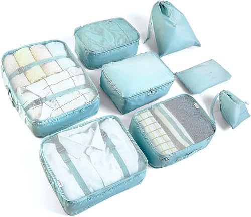 LANSKLBD 8 Set Packing Cubes for Suitcases Travel Luggage Packing Organizers,Travel Essentials Accessories Luggage Organizer with Shoe Bag Tioletry/Laundry Bag (light blue) - color: Light Blue, size: 8 set