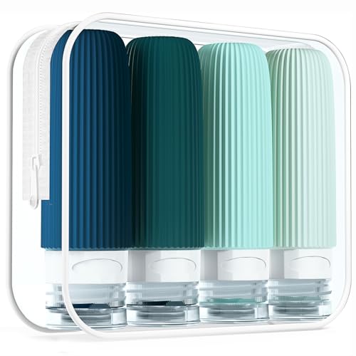 Mrsdry Travel Bottles for Toiletries, Tsa Approved 3oz Portable Travel Bottles, BPA Free Leak Proof Squeezable Silicone Travel Size Containers, Travel Accessories with Clear Toiletry Bag (4 Pack) - color: Malachite, size: 3 Ounces