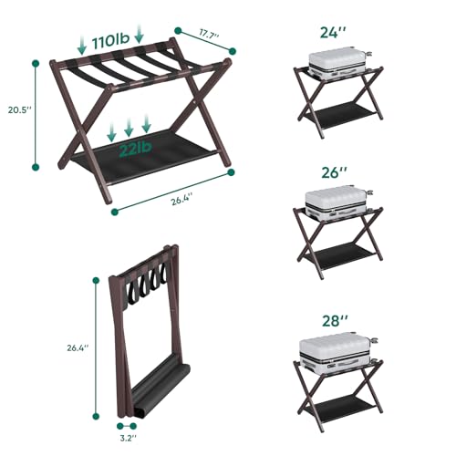 Smuxee Brown Bamboo Luggage Rack for Guest Room, Foldable Suitcase Stand with Storage Shelf, Easily Assembled Luggage Stand with 5 Nylon Straps for Guest Room Bedroom Hotel - color: Brown 1PCS