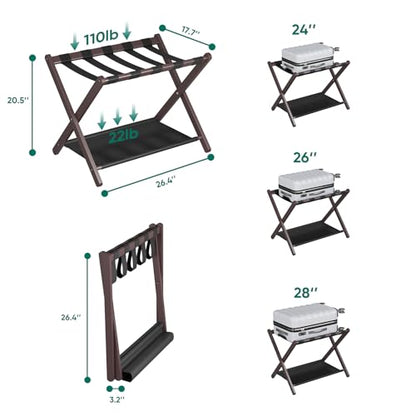 Smuxee Brown Bamboo Luggage Rack for Guest Room, Foldable Suitcase Stand with Storage Shelf, Easily Assembled Luggage Stand with 5 Nylon Straps for Guest Room Bedroom Hotel - color: Brown 1PCS