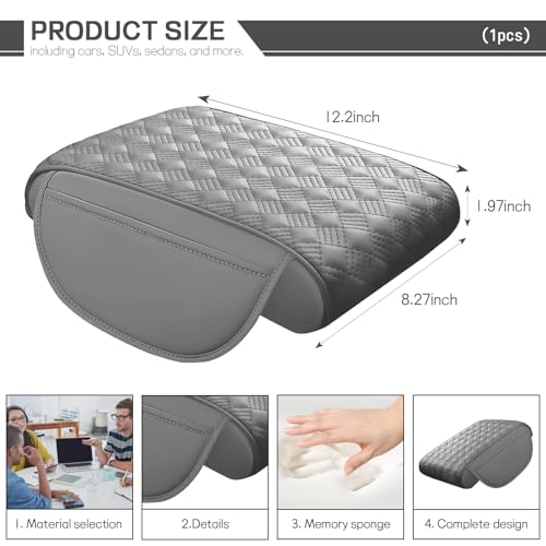 Car Armrest Cushion, 12.2"×8.3" Leather Auto Memory Foam Center Console Pad with Storage Pocket, Waterproof & Anti-Scratch Elbow Pillow Armrest Seat Box Protector, Universal Fit (Gray) - color: Gray