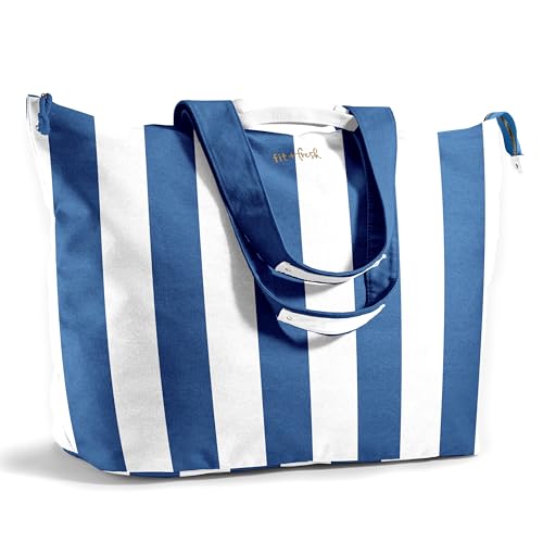 Fit & Fresh XL Beach Tote Bag for Women – XL Travel Tote with Zipper & Pockets, Oversized Canvas Pool Bag, Weekender Carry-On - color: Cobalt Stripe