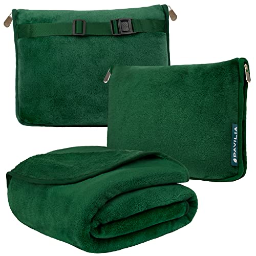 PAVILIA Travel Blanket Pillow, Soft Airplane Blanket 2-in-1 Combo Set, Plane Blanket Compact Packable, Flight Essentials Car Pillow, Travelers Gifts Accessories, Luggage Backpack Strap, 60x43 Green - color: Green