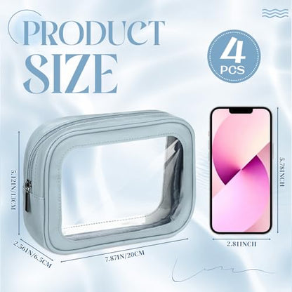 Abbylike 4 Pcs Blue Clear Makeup Bag PU Leather Tsa Approved Toiletry Bag with Zipper Transparent Waterproof Portable Cosmetic Bags Travel Car Clear Organizer Bags for Women Girls Mother's Day - color: Blue
