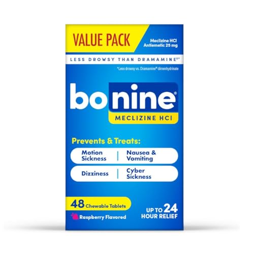 Bonine 48 ct. Non Drowsy Motion Sickness Relief, Sea Sickness, Car Sickness, Nausea, & Vomiting - Meclizine HCI 25mg, Travel-Sized - Raspberry Chewable Tablets - size: 48 Count