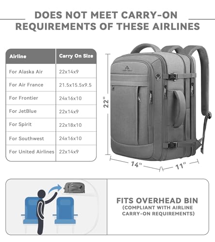 AREYTECO 60L Travel Laptop Backpack for Men, Extra Large Backpack, Big Capacity Carry On Backpack, 18-19 Inch Laptop Backpack Water Resistant Luggage Computer Daypack College Bag, Grey - color: Grey, size: 18.4 Inch (22''x14''x11'')