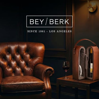 Bey-Berk Genuine Leather Two-Bottle Wine Caddy with Bar Tool (Black), Zippered Travel Case with Strap Handle for Wine Transport and Gifting - color: Black