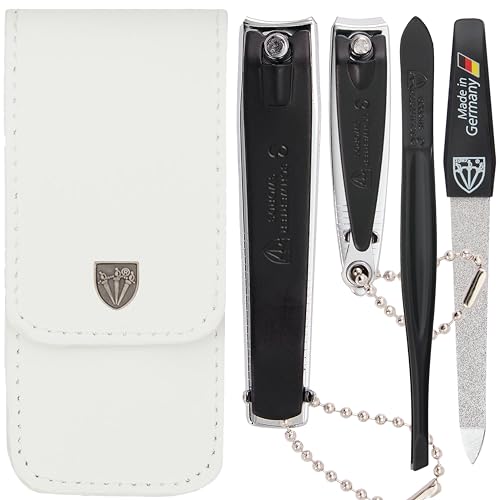 3 Swords Germany - Brand Quality 4 piece Manicure Pedicure Grooming kit Set for Professional Finger & Toe Nail Care Tweezers File Clipper Fashion Leather case in Gift Box, Made by 3 Swords (02563) - color: White - Black Tools