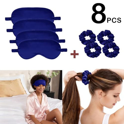 Satin Eye Mask 8Pcs Silk Sleep Masks Silky Blindfold Eyeshade Blackout Eyes Cover Scrunchies Hair Ties Travel Wedding Gifts - color: Royal Blue