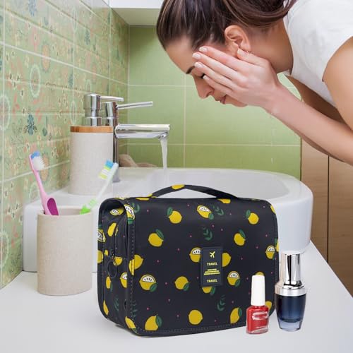 Travel Toiletry Bag for Women, Hanging Toiletry Bag with Multi-Pockets, Toiletry Bag for Traveling Easy Clean, Travel Organizer Bag Black-Lemon - color: Black-lemon