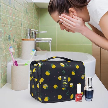 Travel Toiletry Bag for Women, Hanging Toiletry Bag with Multi-Pockets, Toiletry Bag for Traveling Easy Clean, Travel Organizer Bag Black-Lemon - color: Black-lemon