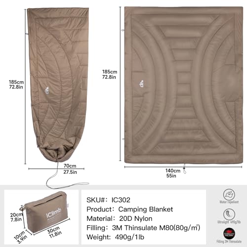 iClimb 3M Thinsulate Insulation Warm Camping Blanket Ultralight Compact - color: Khaki, size: 72.8” × 55”, 1 lb
