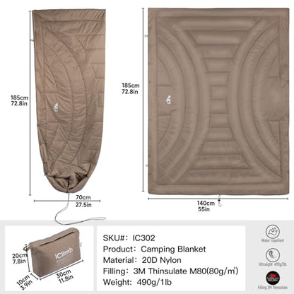 iClimb 3M Thinsulate Insulation Warm Camping Blanket Ultralight Compact - color: Khaki, size: 72.8” × 55”, 1 lb