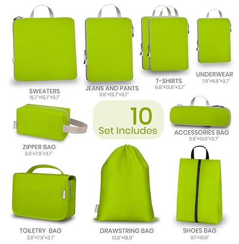 10 Set Compression Packing Cubes for Travel, Expandable Packing Organizer with Hanging Toiletry Bag, Shoe Bag & Accessories Bag, Ultralight Storage Travel Bags for Carry-on Luggage, Green - color: Green, size: Set of 10