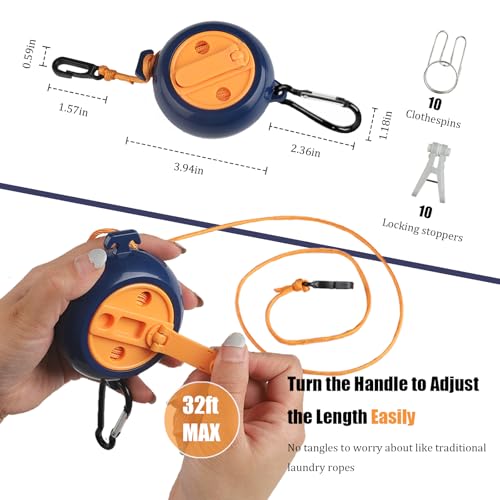 32Ft Portable Travel Clothesline Caudblor Adjustable Camping Clothes Laundry Drying Rope for Hotel Trip, Cruise, Outdoor/Indoor with 10 Windproof Clips, 10 Clothespins, 1 Storage Bag（Blue）