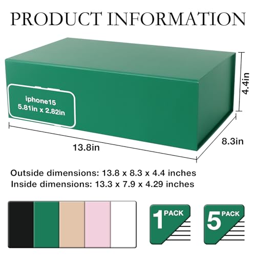 LFBOX Green Christmas Gift Box with Magnetic Lids 13.8x8.3x4.4 in, Bridesmaid Groomsman Proposal Box, Large Rectangle Storage Box 5 Pack - color: Green, size: 1 count (Pack of 5)