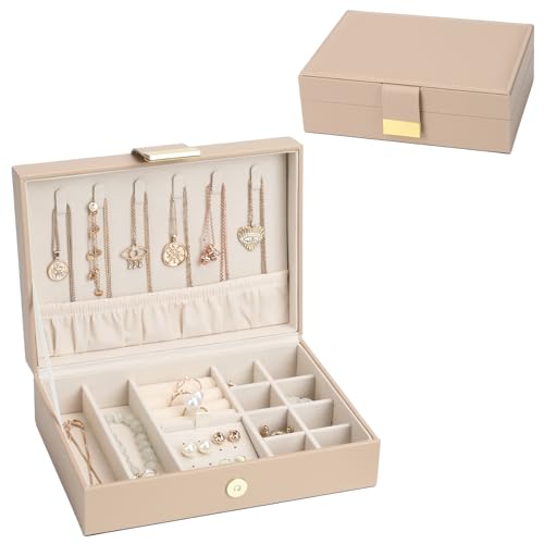 Leather Jewelry Box Elegant Small Jewelry Chest for Women Gift Box for Necklace, Ring, Earring Storage Portable Design for Travel Home Use Apricot - color: Apricot13
