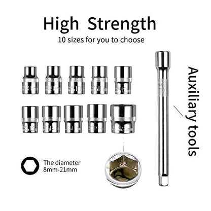 Egofine 12pcs 3/8 Inch Ratchet Socket Wrench Set, Drive Socket Set with 10 Sockets 8-14,17,19,21mm and 2 Way Quick Released Ratchet Handle and Extension Bar - size: 3/8, style: 12PC Standard Socket Set