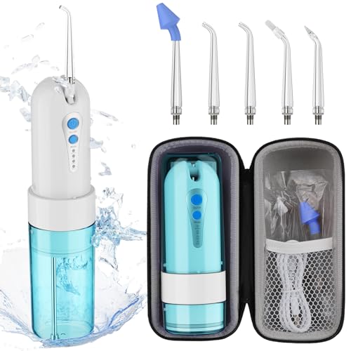 Water Dental Flosser for Teeth Cleaning and Flossing with Travel Size Case – Rechargeable Oral Irrigator, KOOVON Portable Water Flosser for Adults, IPX7 Waterproof, 5 Jet Tips & 4 Modes, Blue - color: Blue
