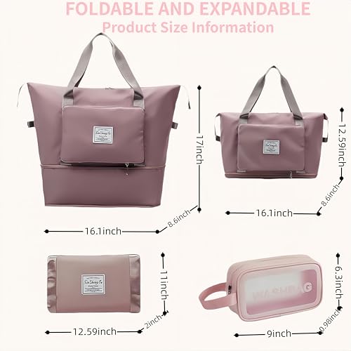 Large Capacity Foldable Travel Bag, Expandable lightweight Carry on Bag, Dry with Wet Separation Spor Duffel Bags (Pink+Toiletry Bag) - color: Pink+Toiletry Bag