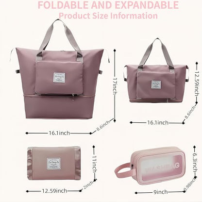 Large Capacity Foldable Travel Bag, Expandable lightweight Carry on Bag, Dry with Wet Separation Spor Duffel Bags (Pink+Toiletry Bag) - color: Pink+Toiletry Bag